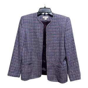 VTG 90s Talbots 100% Silk Bouclé Tweed Open Front Jacket Blue Red White Sz 8 USA